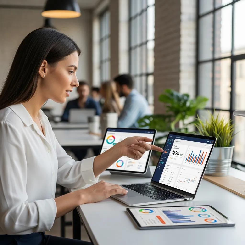 Woman analyzing business data on laptop and tablet in a modern workspace, highlighting AI technology and efficiency for small business growth.