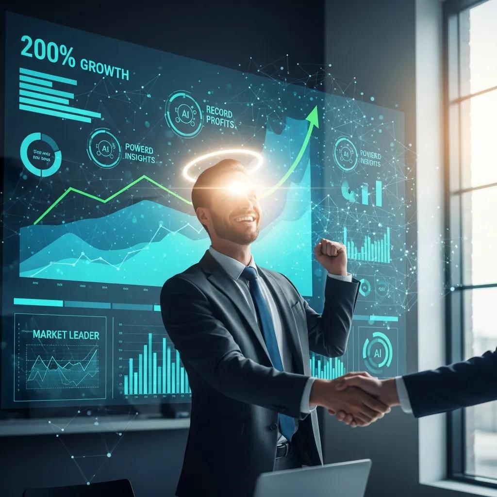 Successful entrepreneur celebrating business growth with visual data, including graphs and AI insights, in a modern office setting.