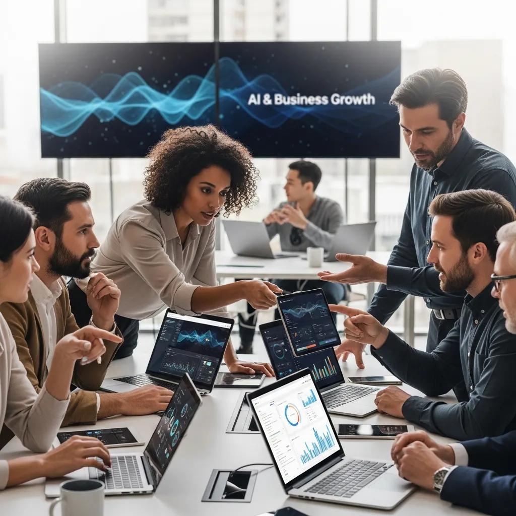 Team collaborating on AI tools for business growth, analyzing data on laptops and tablets, with a presentation screen displaying "AI & Business Growth."