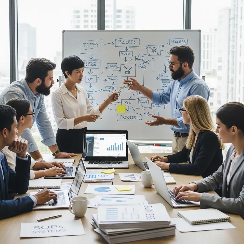 Team collaboration on business systems and Standard Operating Procedures (SOPs) in a modern workspace, discussing flowcharts and strategies for scalable operations, with laptops and documentation on the table.