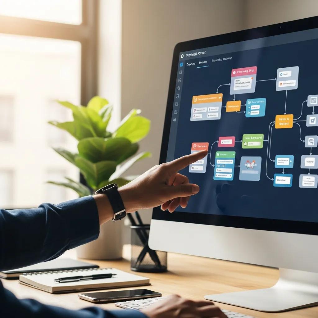 Person interacting with a computer screen displaying a workflow mapping tool, illustrating process visualization for SOP development in a modern office setting.