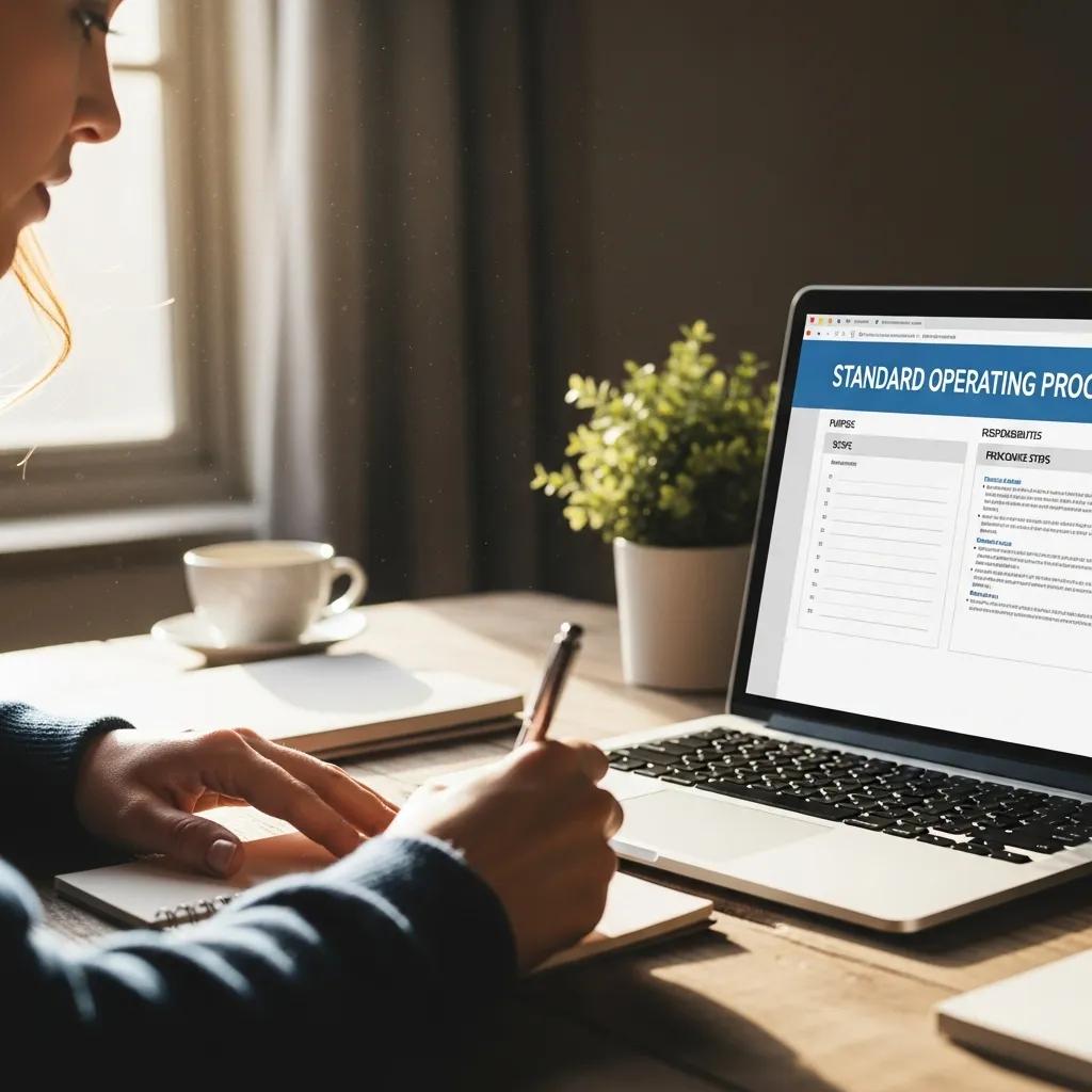 Person writing notes while reviewing a laptop displaying a Standard Operating Procedure (SOP) template, emphasizing clarity and organization in business documentation.