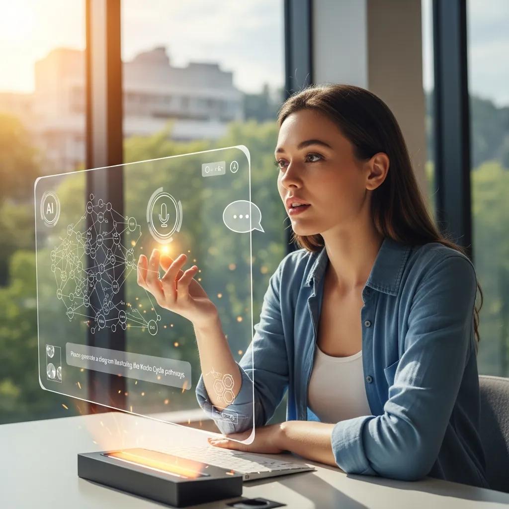 Woman interacting with AI technology to create diagrams in a bright workspace, illustrating concepts of artificial intelligence and its application in business strategies.
