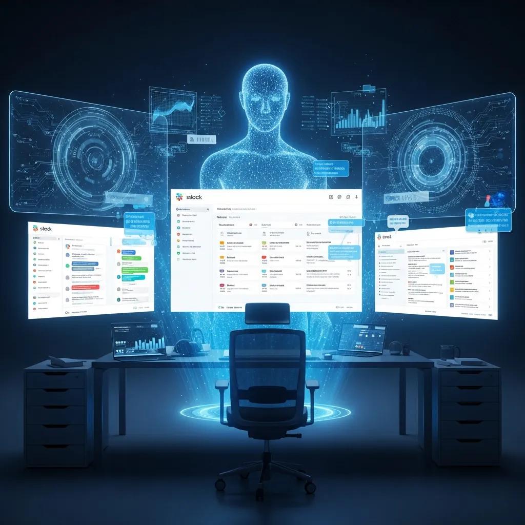 Futuristic workspace with holographic AI agent prioritizing tasks from Slack, Asana, and email, emphasizing organizational transformation and AI integration in business strategies.