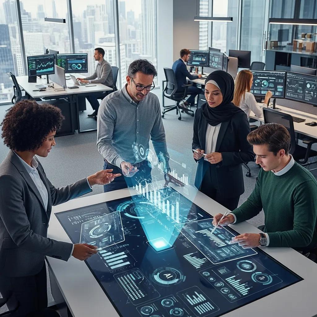 Business professionals collaborating with AI technology in a modern office, analyzing data visualizations and graphs on a digital touchscreen table, reflecting the integration of AI in business strategy.