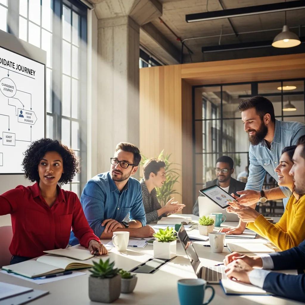 Diverse small business team collaborating on hiring and onboarding strategies in a modern office setting, discussing candidate journey and team dynamics.