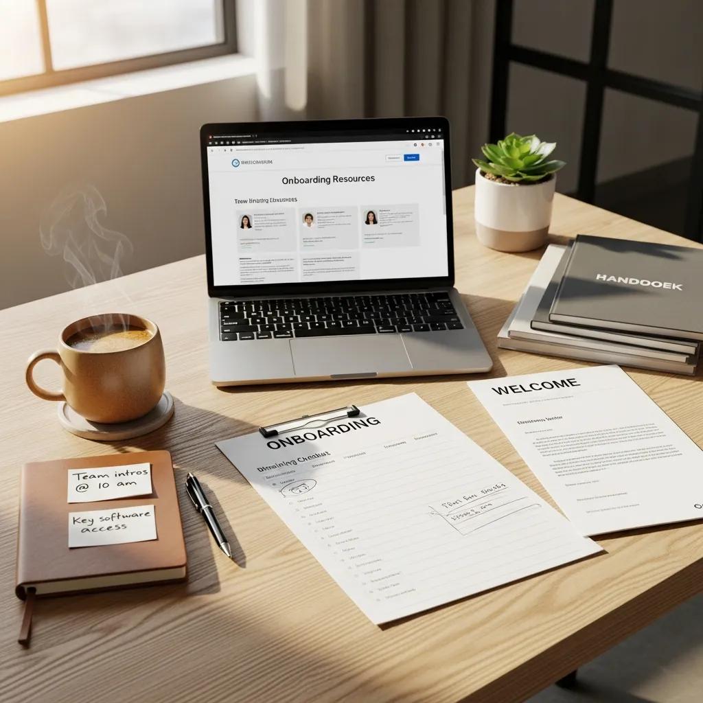 Laptop displaying onboarding resources, coffee cup, notebook with notes, and onboarding checklist on desk, emphasizing employee onboarding and integration strategies for small businesses.