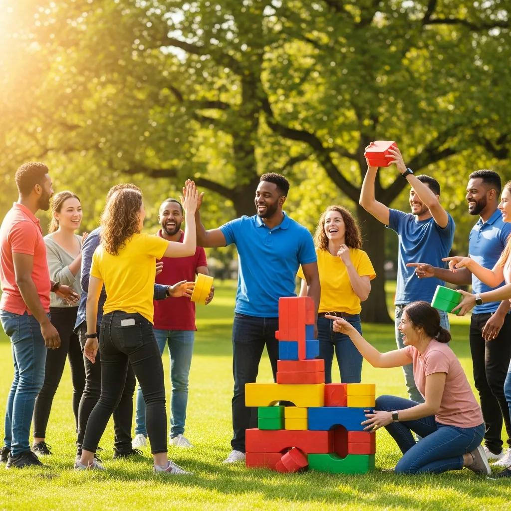 Team members engaging in a collaborative outdoor team-building activity, celebrating success with colorful building blocks, fostering a positive team culture.