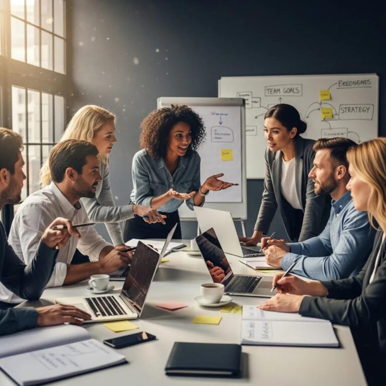 Diverse professionals collaborating in a modern office, team coaching and high-performing teams discussing strategy and goals.