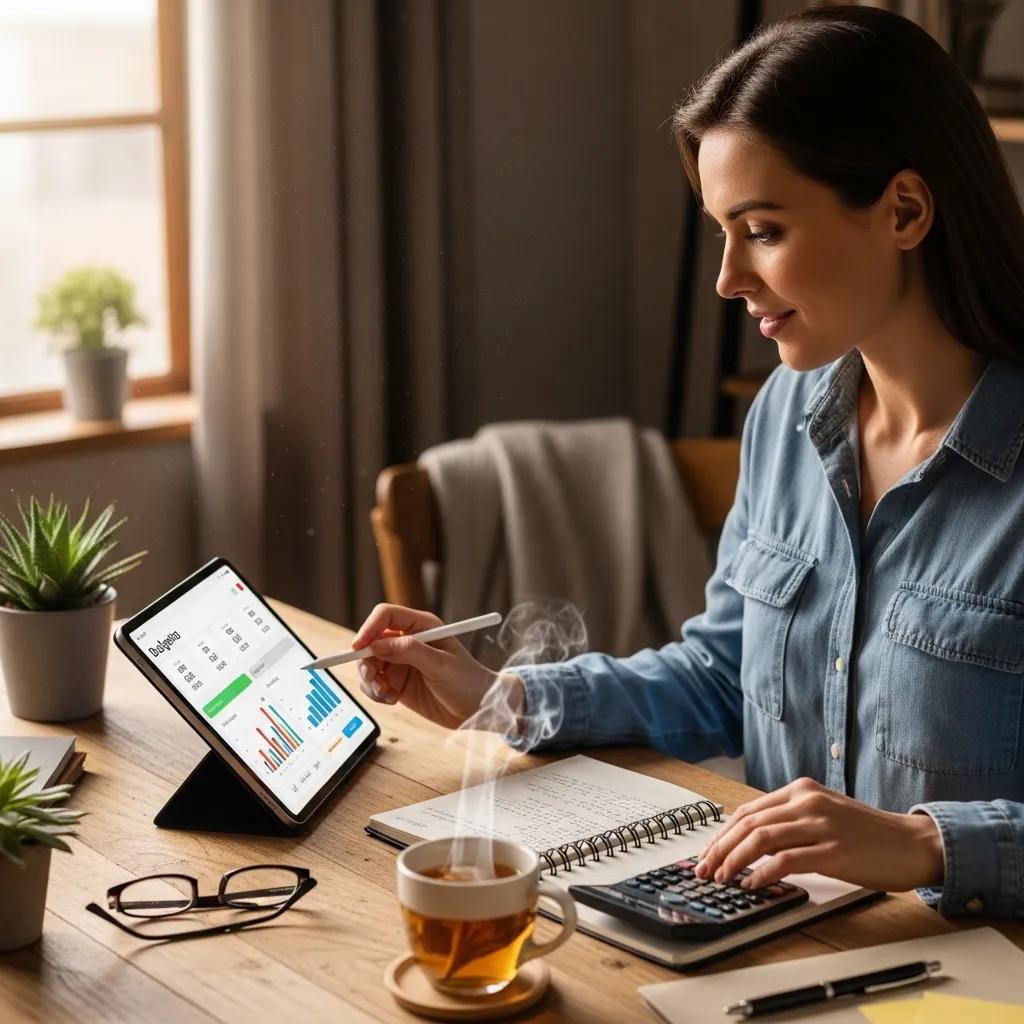 Small business owner using budgeting tools on a tablet, notebook, and calculator for cash flow management.