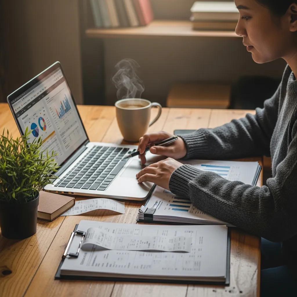 Small business owner analyzing financial reports on laptop and documents