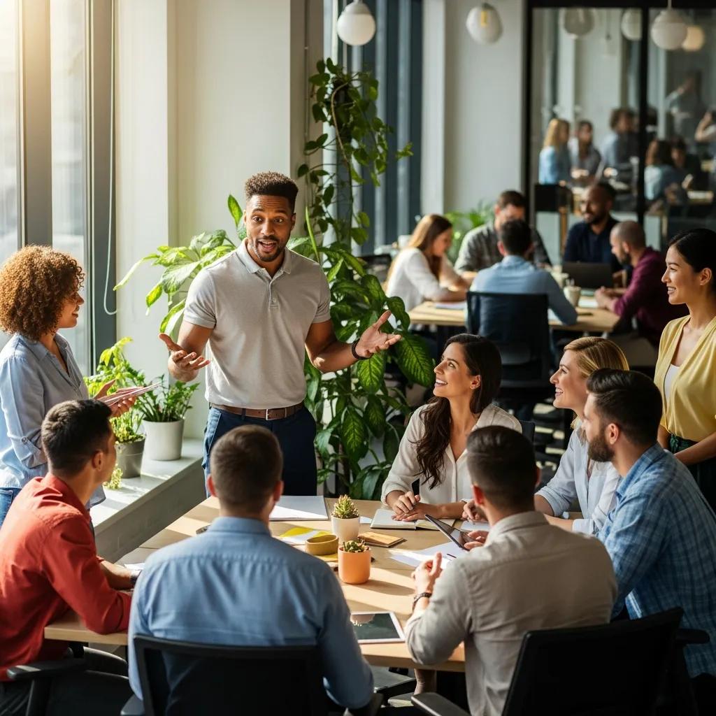 Transformational leader inspiring a team in open workspace, fostering motivation and trust for improved team performance.