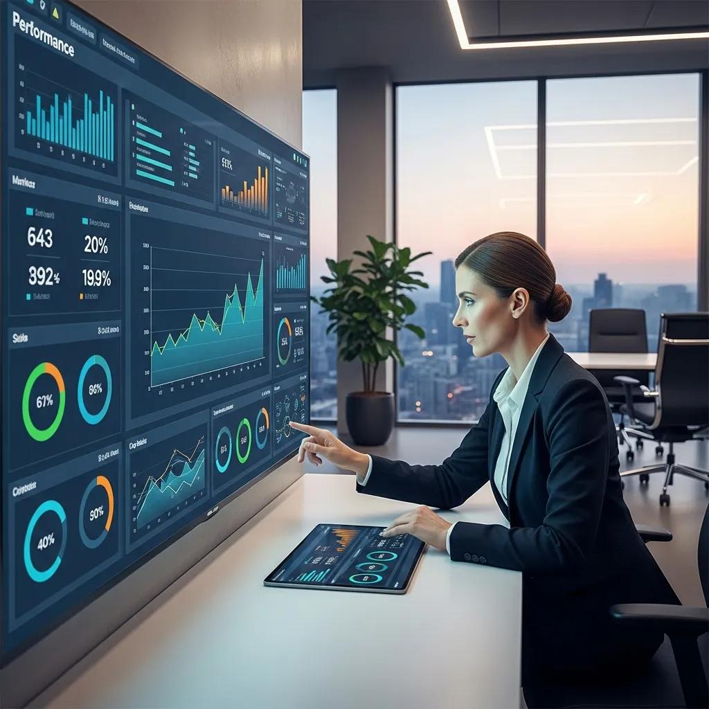 CEO analyzing performance metrics on a digital dashboard in a modern office, showcasing strategic decision-making