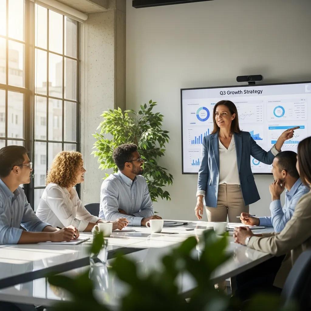 CEO leading a diverse team in a modern office, emphasizing leadership and collaboration