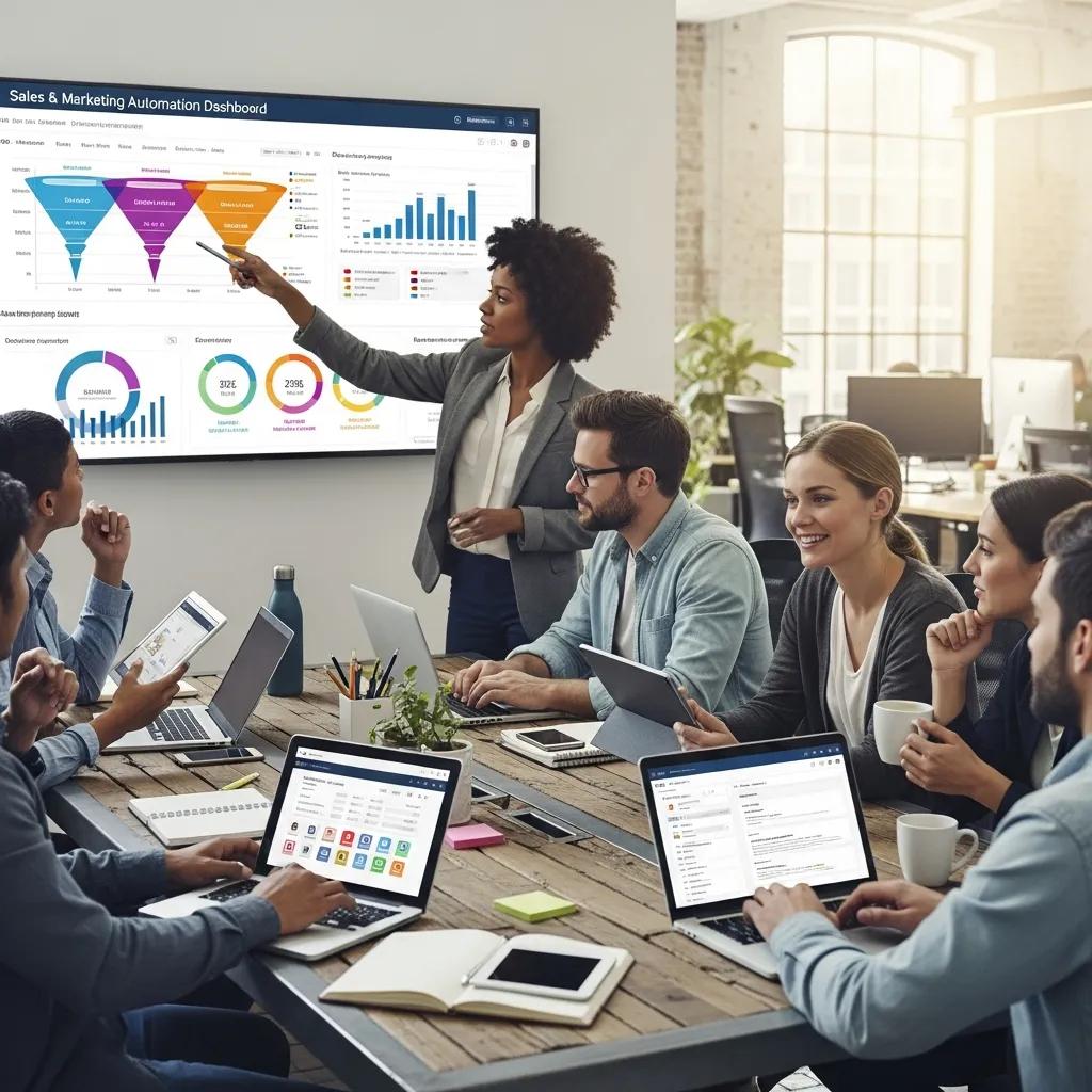 Diverse professionals collaborating in a modern office, illustrating sales automation and marketing integration