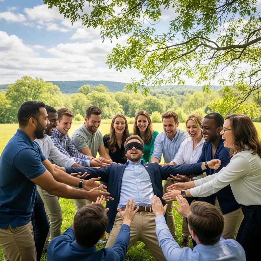 Professionals engaged in a team-building workshop outdoors, highlighting collaboration and trust